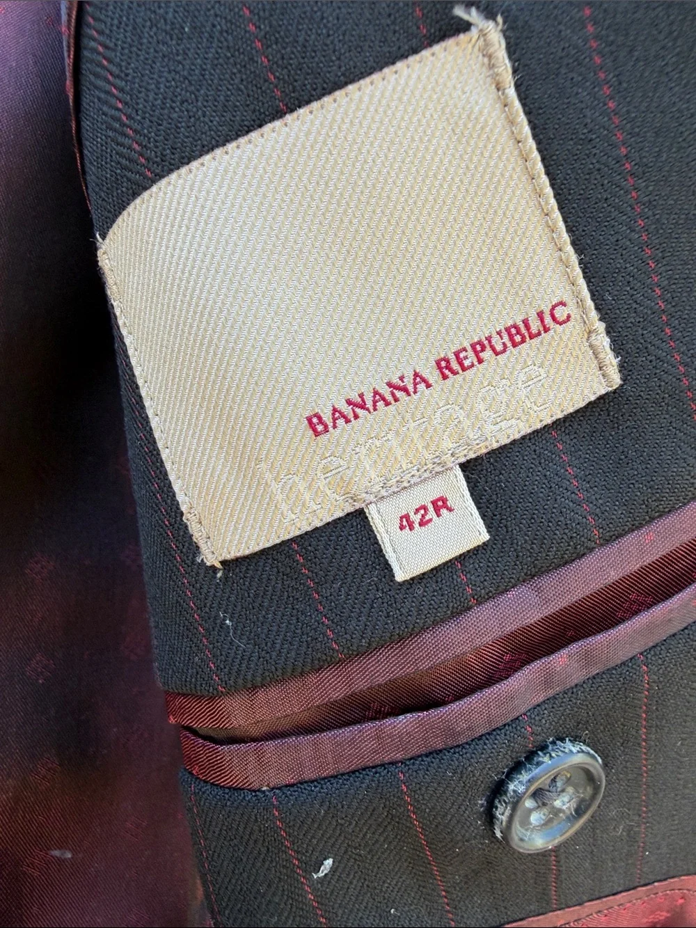 Banana Republic Charcoal Pinstripe Suit Jacket with Burgundy Lining